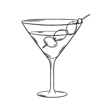 Martini kokteyli, siyah beyaz ana hatlı vektör çizimi. Bar içkisi sanatı. İşleme stili. Çizgi çizimi