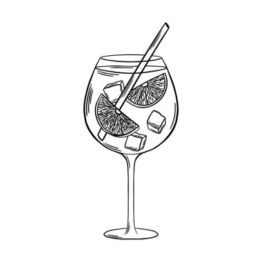 Aperol Spritz Cocktail siyah beyaz çizim. Bar içkisi sanatı. İşleme stili. Çizgi çizimi