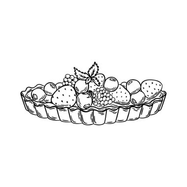 Böğürtlenli tart tatlı vektör çizimi. Hamur işi sanatı, gravür, siyah beyaz özet