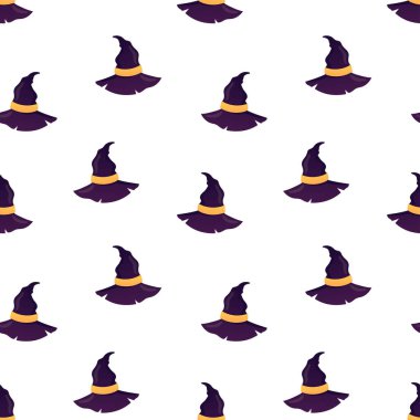 Cadılar Bayramı şapkalarının vektörleri kusursuz. Cadı şapkaları arka plan, ambalaj tasarımı, ambalaj kağıdı. Vektör illüstrasyonu