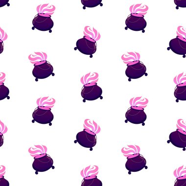 Mor iksir vektörsüz desenli bir kazan. Cadılar Bayramı arka planı, arka plan, duvar kağıdı. Vektör illüstrasyonu