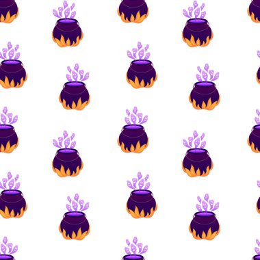 Hayalet dumanı iksiri iksiri olan kazan kusursuz desenli. Cadılar Bayramı arka planı, arka plan, duvar kağıdı. Vektör illüstrasyonu