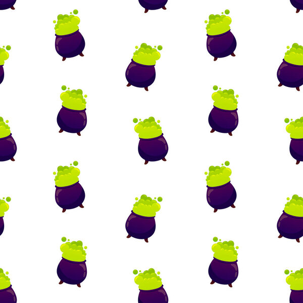 Cauldron with green potion vector seamless pattern. Halloween background, backdrop, wallpaper. Vector illustration