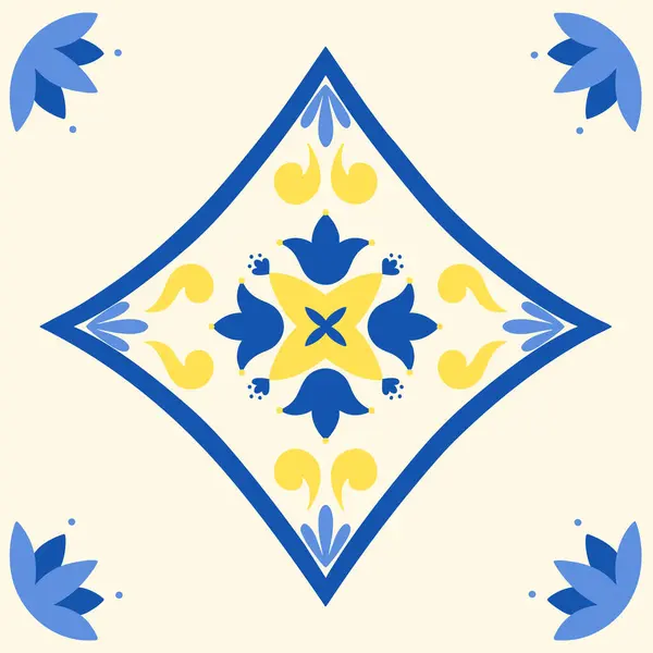 Akdeniz tasarımı, mavi ve sarı fayanslar. Yunan tarzı süs. Seramik motif, yamalar, mozaik. Vektör illüstrasyonu