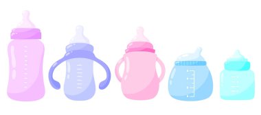 Bebek şişeleri çizim vektör kümesi. Bebek beslenme, yeni doğmuş beslenme, emzirme şişesi tipleri. Vektör illüstrasyonu