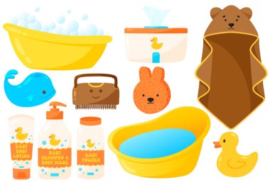 Baby bath time essentials. Infant bath care, toddler bath kit for babies, bathtub, baby shampoo. Vector illustration clipart