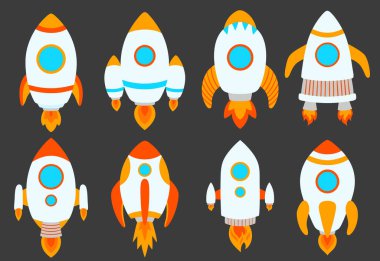 Çocuk roketleri çizimler dizisi. Uzay gemileri, jet, çocuklar için uzay gemisi tasarımı. Vektör illüstrasyonu