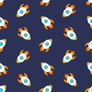 Uzay aracı vektörsüz desen. Roketler, uzay gemisi tasarımı, jet arka planı, galaksi duvar kağıdı. Parmak izi, kumaş, ambalaj tasarımı. Vektör illüstrasyonu