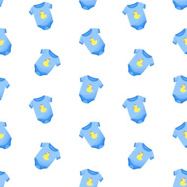 Bebek mavisi tulumlar vektörsüz desen. Bebek kıyafetleri, bebek kıyafetleri, giysi, beden giysisi.