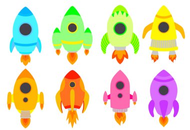 Renkli çocuklar bir dizi çizim yapıyor. Uzay aracı tipleri, jet, uzay gemisi çocuk galaksisi tasarımı