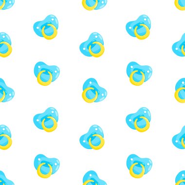 Blue dummies vector seamless pattern. Front view pacifiers. Background, print, packaging design clipart