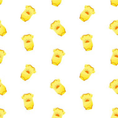 Bebek sarı tulumlar vektörsüz desen oluşturuyor. Bebek kıyafetleri, bebek kıyafetleri, giysi, beden giysisi. Arkaplan, ambalaj tasarımı, kumaş, baskı. Vektör illüstrasyonu