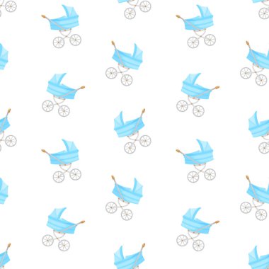 Blue baby stroller vector seamless pattern. Perambulator, pram, pushchair background, packaging, print, backdrop, wallpaper, fabric design. Vector illustration clipart