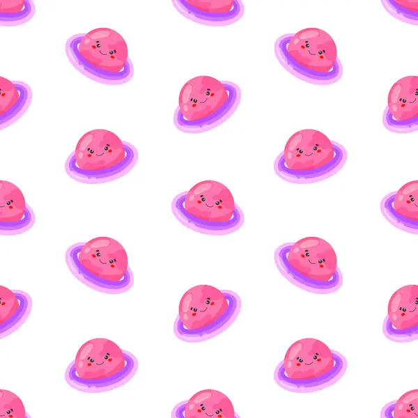 Pembe çocuklar, Kawaii gezegenleri kusursuz bir model. Galaksi, uzay, evren. Arkaplan, baskı, kumaş, ambalaj tasarımı, arkaplan, duvar kağıdı, tekrarlanan elementler. Vektör illüstrasyonu
