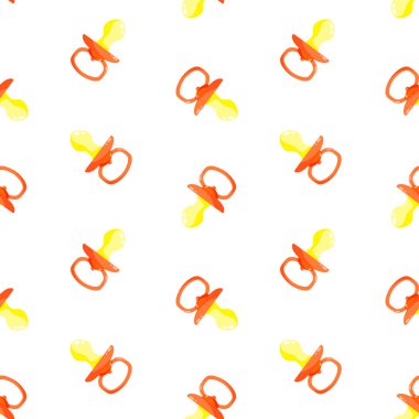 Vermilion emziği vektörsüz desen oluşturur. Bebek kukla. Arkaplan, baskı, ambalaj tasarımı, ambalaj. Vektör illüstrasyonu