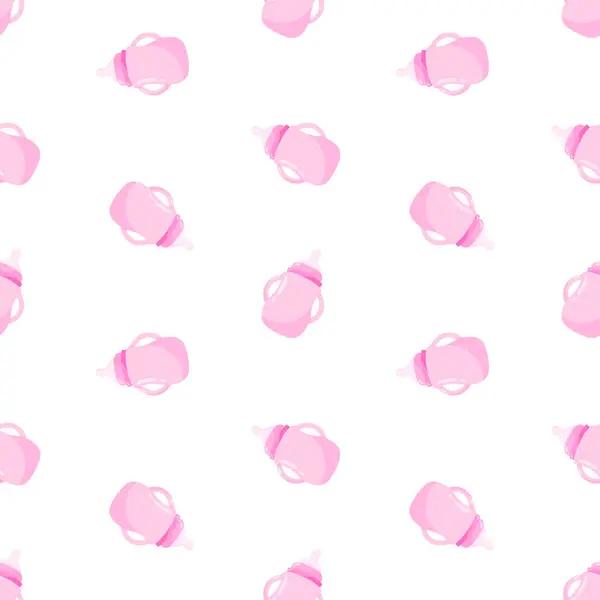 Pembe bebek şişeleri vektörsüz desen. Bebek beslenmesi, yeni doğan beslenmesi, hemşirelik geçmişi. Vektör illüstrasyonu