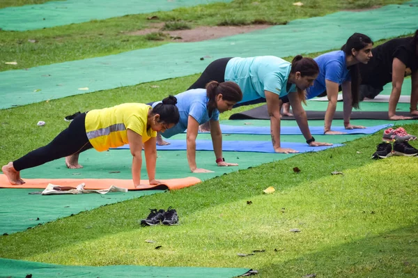 2022年6月18日 印度新德里 在国际瑜伽日 在Lodhi花园为不同年龄的人举办的Surya Namaskar瑜伽集体健身班 — 图库照片