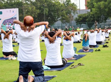 Uluslararası Yoga Günü 'nde Delhi' deki kriket stadyumunda farklı yaş gruplarından insanlar için grup Yoga egzersiz oturumu.