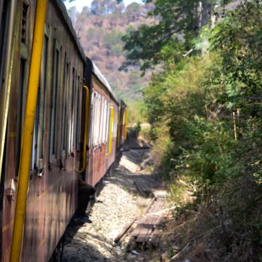 Oyuncak tren dağ yamaçlarında hareket ediyor, güzel bir manzara, bir dağ yamacı, bir vadi yamaçtan tepeye hareket ediyor, yeşil doğal ormanın arasında. Hindistan 'da Kalka' dan Shimla 'ya giden oyuncak tren, Hint treni.