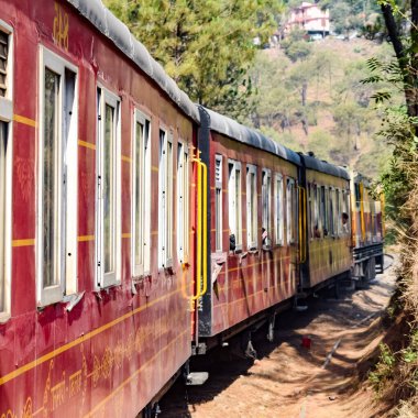 Oyuncak tren dağ yamaçlarında hareket ediyor, güzel bir manzara, bir dağ yamacı, bir vadi yamaçtan tepeye hareket ediyor, yeşil doğal ormanın arasında. Hindistan 'da Kalka' dan Shimla 'ya giden oyuncak tren, Hint treni.