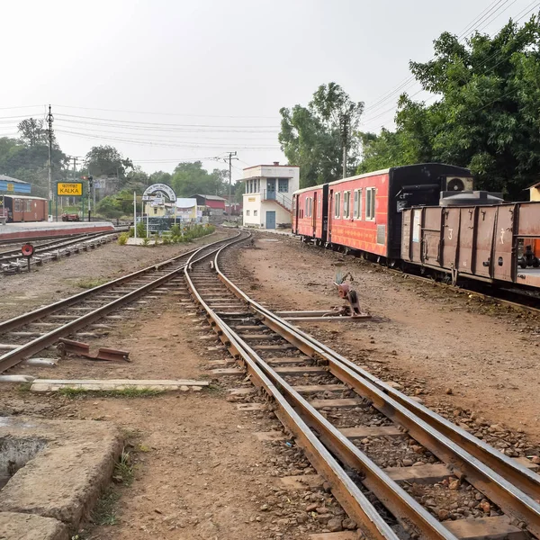 stock image View of Toy train Railway Tracks from the middle during daytime near Kalka railway station in India, Toy train track view, Indian Railway junction, Heavy industry
