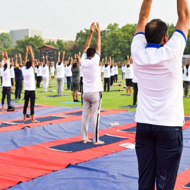 Uluslararası Yoga Günü 'nde Delhi' deki kriket stadyumunda farklı yaş gruplarından insanlar için grup Yoga egzersiz oturumu.