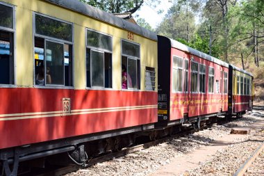 Oyuncak tren dağ yamaçlarında hareket ediyor, güzel bir manzara, bir dağ yamacı, bir vadi yamaçtan tepeye hareket ediyor, yeşil doğal ormanın arasında. Hindistan 'da Kalka' dan Shimla 'ya giden oyuncak tren, Hint treni.