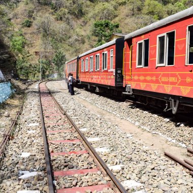 Oyuncak tren dağ yamaçlarında hareket ediyor, güzel bir manzara, bir dağ yamacı, bir vadi yamaçtan tepeye hareket ediyor, yeşil doğal ormanın arasında. Hindistan 'da Kalka' dan Shimla 'ya giden oyuncak tren, Hint treni.