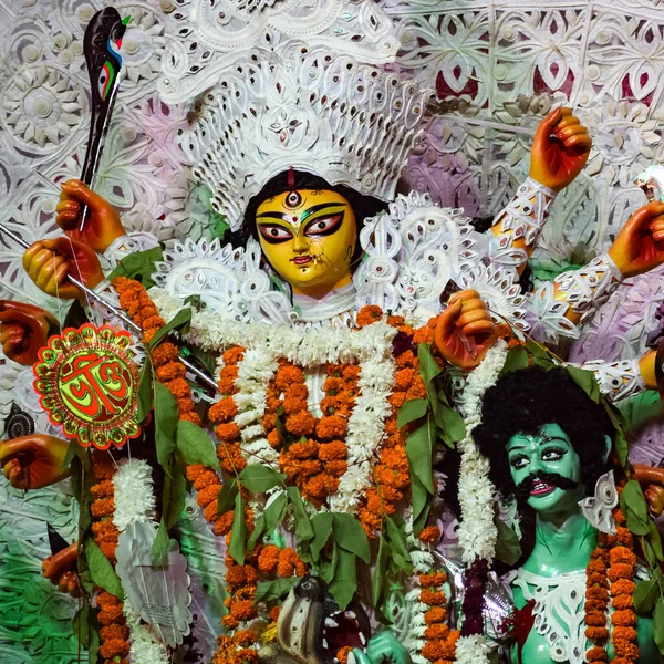 Déesse Durga Avec Regard Traditionnel Vue Rapprochée Puja Kolkata Sud — Photo