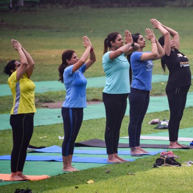 Yeni Delhi, Hindistan, 18 Haziran 2022 - Lodhi Garden 'da farklı yaşlarda insanlar için grup yoga sınıfı Surya Namaskar, Uluslararası Yoga Günü, parkta yoga dersine katılan büyük bir grup yetişkin