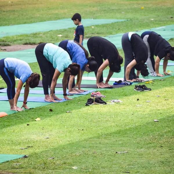 New Delhi Indien Juni 2022 Grupp Yoga Träningsklass Surya Namaskar — Stockfoto