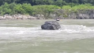 Rishikesh Uttarakhand yakınlarındaki GOA plajında sabah manzarası, sabahın erken saatlerinde Rishikesh 'teki Ganga nehrinin temiz manzarası, dünyaca ünlü GANGA nehri tam görüş açısı