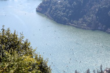 Akşam vakti Nainital, Uttarakhand, Hindistan 'daki Mall Yolu' nun yanındaki Naini Gölü 'nün manzarası dağlarla ve mavi gökyüzüyle güzel Nainital Gölü manzarası.