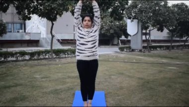 Genç Hintli kadın parkta yoga yapıyor. Güzel bir kız temel yoga pozu veriyor. Sakin ol ve rahatla, kadın mutluluğu. Temel Yoga Egzersizi 