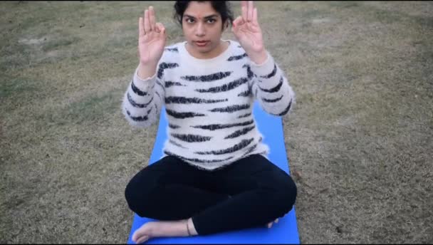 Νεαρή Ινδή Που Κάνει Γιόγκα Στο Πάρκο Όμορφη Κοπέλα Πρακτική — Αρχείο Βίντεο