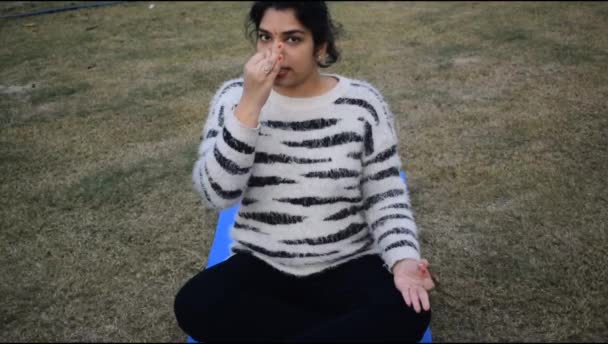 Ung Indisk Kvinna Som Utövar Yoga Utomhus Park Vacker Flicka — Stockvideo