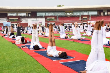 Yeni Delhi, Hindistan, 21 Haziran 2022 - Uluslararası Yoga Günü 'nde Delhi' deki Yamuna Spor Kompleksi 'nde grup Yoga egzersiz oturumu, kriket stadyumunda yoga derslerine katılan büyük bir grup yetişkin