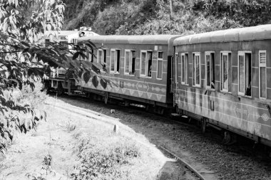 Oyuncak tren dağ yamacında, güzel bir manzara, bir dağ, bir vadi yeşil doğal ormanların arasında, tepeye giden demiryolu üzerinde hareket ediyor. Oyuncak tren Kalka 'dan Shimla' ya Hindistan-Siyah ve Beyaz