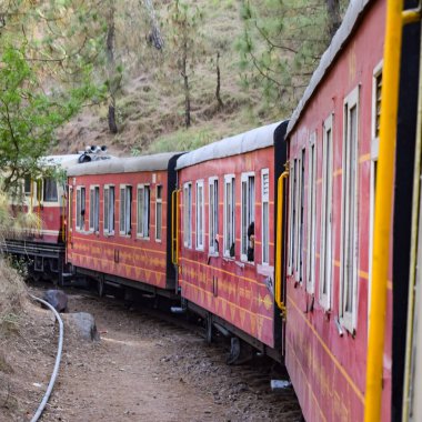 Oyuncak tren dağ yamaçlarında hareket ediyor, güzel bir manzara, bir dağ yamacı, bir vadi yamaçtan tepeye hareket ediyor, yeşil doğal ormanın arasında. Hindistan 'da Kalka' dan Shimla 'ya giden oyuncak tren, Hint treni.
