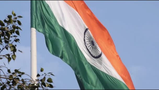 コンノート プレイスでのインド国旗掲揚のスローモーション 独立記念日と共和国日に舞うインド国旗 インド国旗の振り インド国旗の掲揚 — ストック動画