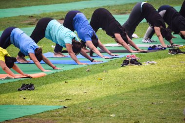 Yeni Delhi, Hindistan, 18 Haziran 2022 - Lodhi Garden 'da farklı yaşlarda insanlar için grup yoga sınıfı Surya Namaskar, Uluslararası Yoga Günü, parkta yoga dersine katılan büyük bir grup yetişkin