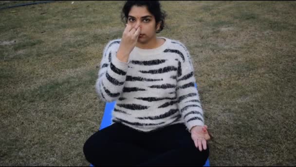 Young Indian Woman Practicing Yoga Outdoor Park Beautiful Girl Practice — Video