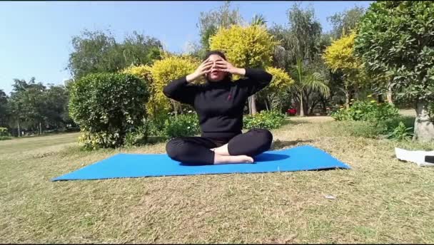 Young Indian Woman Practicing Yoga Outdoor Park Beautiful Girl Practice — Stockvideo