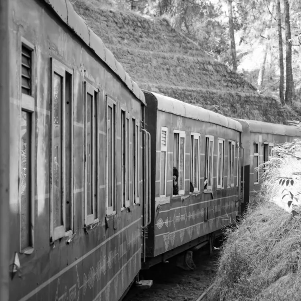 Toy Train moving on mountain slope, beautiful view, 1 side mountain, 1 side valley moving on railway to the hill, among green natural forest. Toy train from Kalka to Shimla in India-Black and White