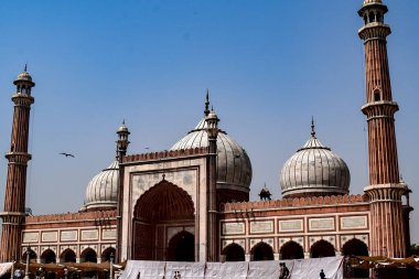 Delhi, Hindistan - 15 Nisan 2022: Tanımlanamayan Hintli turistler Ramzan sezonunda Jama Mescid 'i ziyaret ediyorlar, Delhi 6, Hindistan. Jama Mescidi Hindistan 'daki en büyük ve belki de en görkemli camidir.