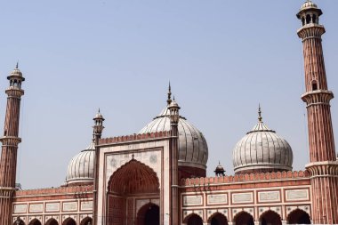 Delhi, Hindistan - 15 Nisan 2022: Tanımlanamayan Hintli turistler Ramzan sezonunda Jama Mescid 'i ziyaret ediyorlar, Delhi 6, Hindistan. Jama Mescidi Hindistan 'daki en büyük ve belki de en görkemli camidir.