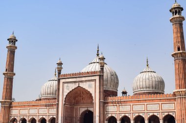 Delhi, Hindistan - 15 Nisan 2022: Tanımlanamayan Hintli turistler Ramzan sezonunda Jama Mescid 'i ziyaret ediyorlar, Delhi 6, Hindistan. Jama Mescidi Hindistan 'daki en büyük ve belki de en görkemli camidir.
