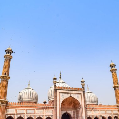 Delhi, Hindistan - 15 Nisan 2022: Tanımlanamayan Hintli turistler Ramzan sezonunda Jama Mescid 'i ziyaret ediyorlar, Delhi 6, Hindistan. Jama Mescidi Hindistan 'daki en büyük ve belki de en görkemli camidir.