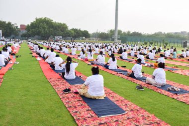 Yeni Delhi, Hindistan, 21 Haziran 2022 - Uluslararası Yoga Günü 'nde Delhi' deki Yamuna Spor Kompleksi 'nde grup Yoga egzersiz oturumu, kriket stadyumunda yoga derslerine katılan büyük bir grup yetişkin