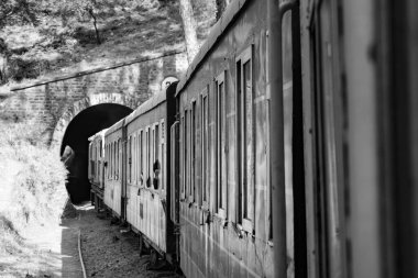Oyuncak tren dağ yamaçlarında hareket ediyor, güzel bir manzara, bir dağ yamacı, bir vadi yamaçtan tepeye hareket ediyor, yeşil doğal ormanın arasında. Hindistan 'da Kalka' dan Shimla 'ya giden oyuncak tren, Hint treni.